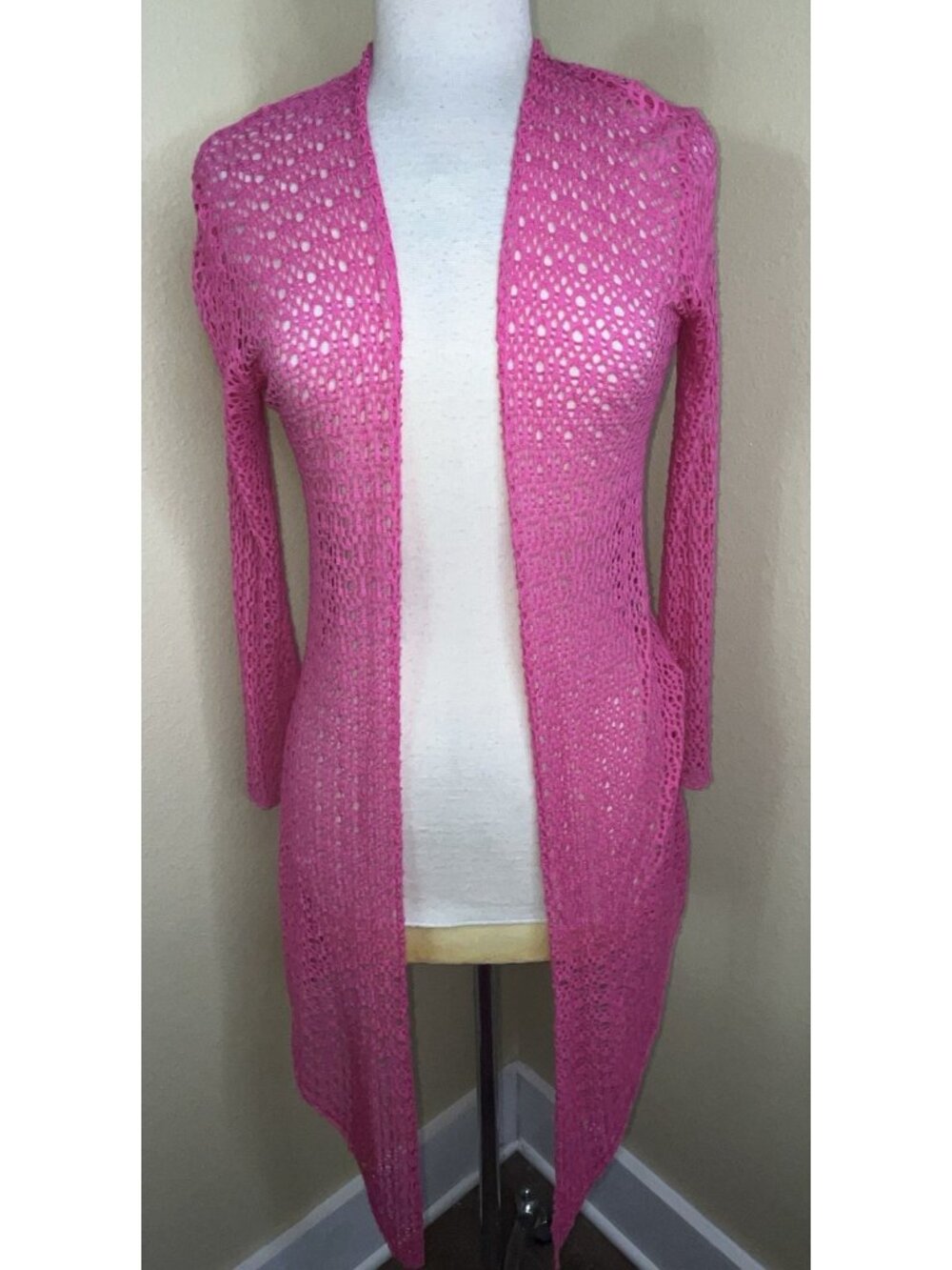 Hot Pink Open Weave Cardigan Long High Low Mesh Over Cover Italy M/L Womens